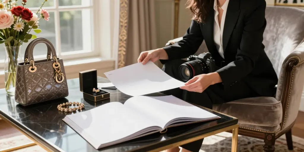 Chic individual exploring luxury lifestyle digital magazine amidst elegant fashion items in a sunlit room.