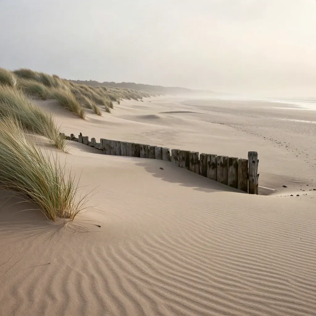 Winter light over vast Northumberland sand flats with a weathered groyne and dune grass
