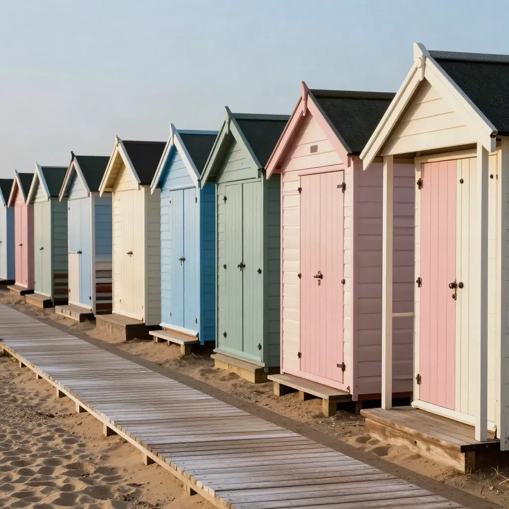 Bright Suffolk beach huts in morning sun, pale boardwalk and long shadows