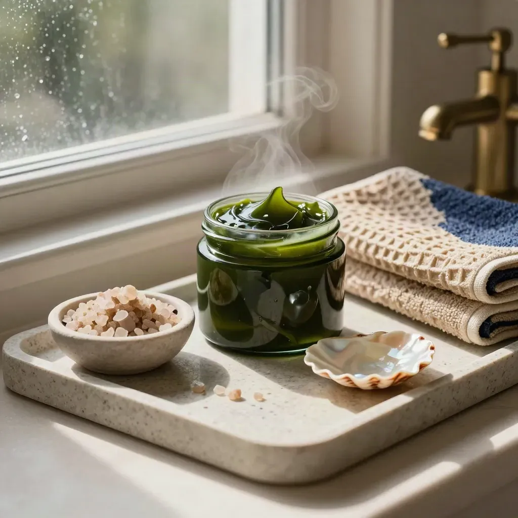 Seaweed mask jar, bath salts, towel and shell soap dish by a steamy bathroom window.
