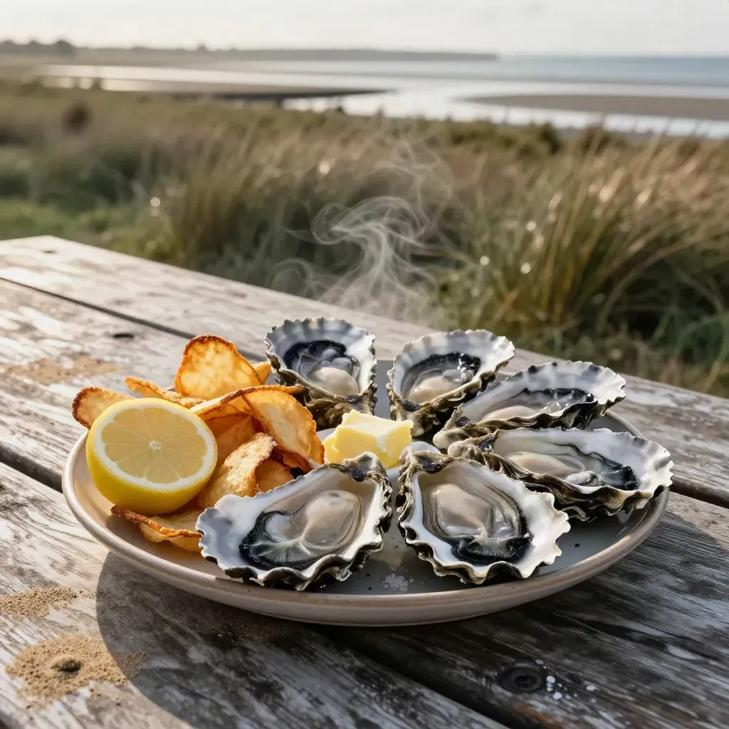 Mersea Island oysters and chips on a weathered picnic table beside marsh grass and glowing flats.