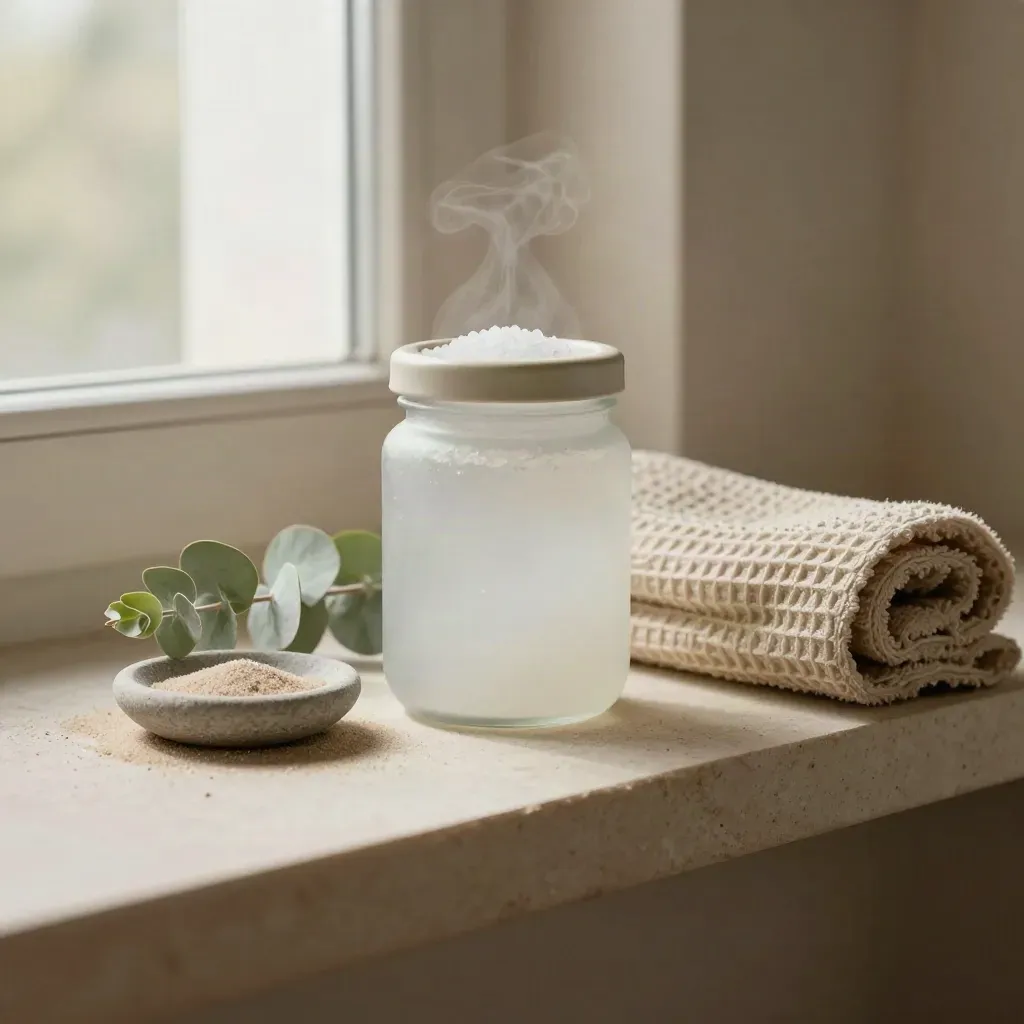 Sea-salt soak jar with eucalyptus, towel and stone dish on a plaster shelf in soft steam